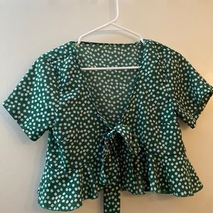 Front Tying Green Shirt with White Flowers, Size: S